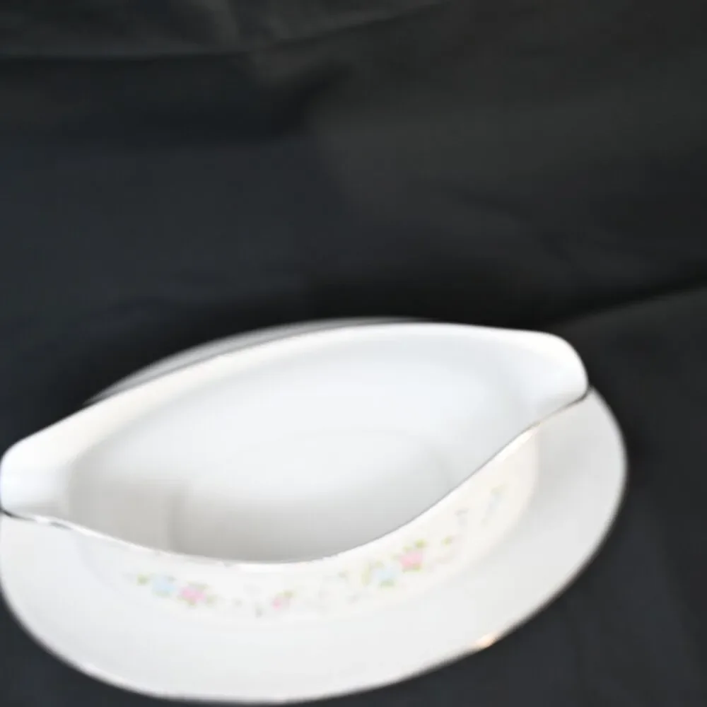 Vintage Carlton Corsage 481 Japan Gravy Boat Underplate Floral Platinum
